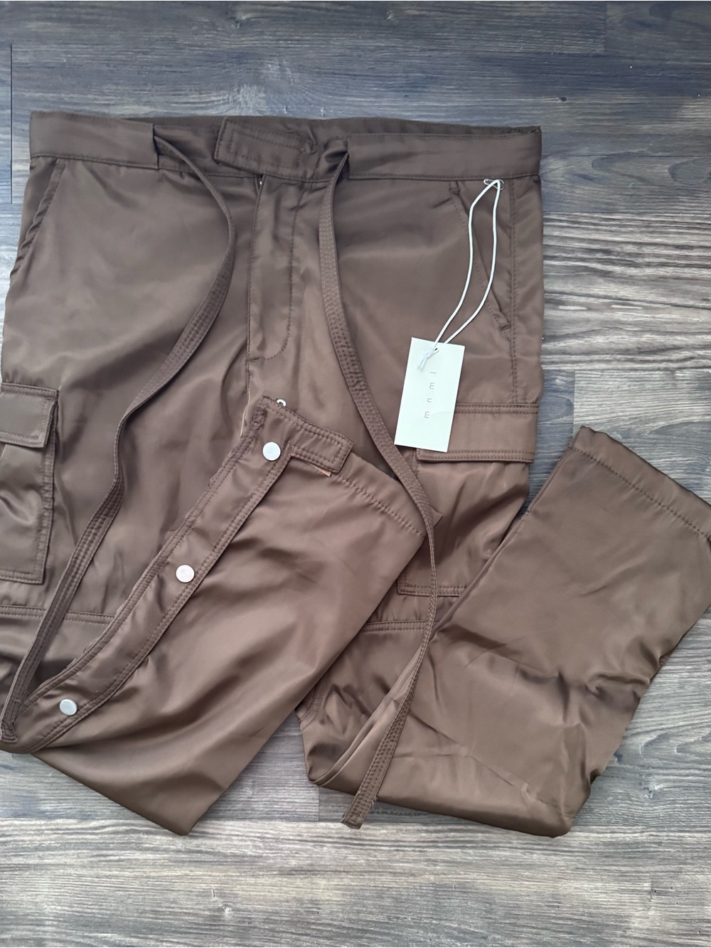 MNML Snap Zipper II Cargo Pants in Brown with Drawstring (NWT)